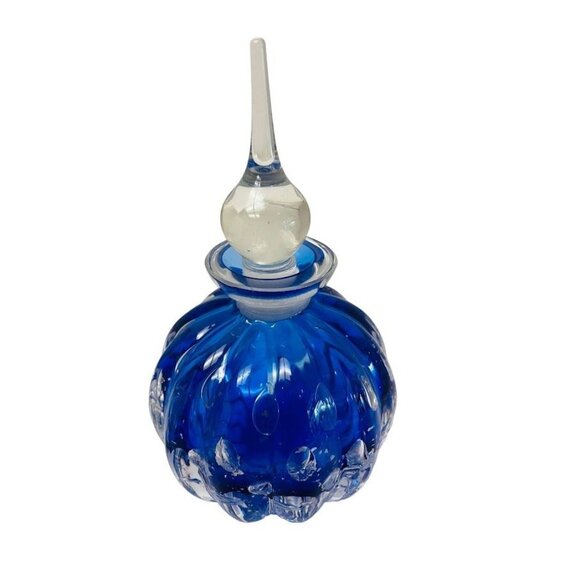 Accessories - Perfume Bottle Crystal Clear Cobalt Blue Glass Fluted Perfume Bottle 5 1/2"